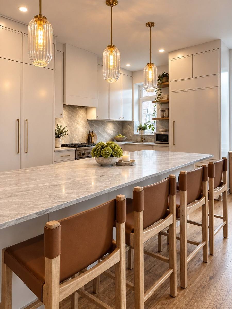 Brooklyn Heights kitchen island with seating and pendant lights