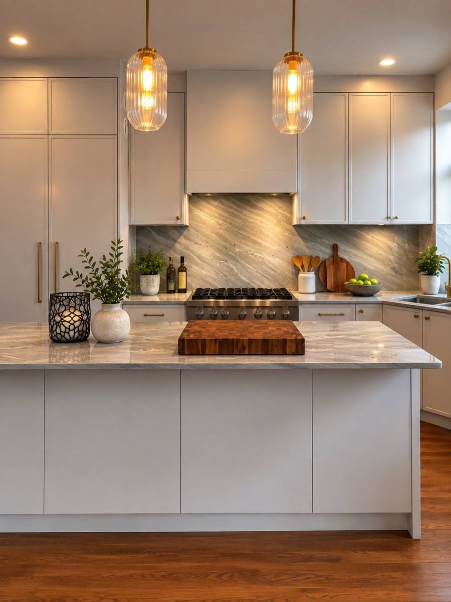 Kitchen island and stone backsplash
